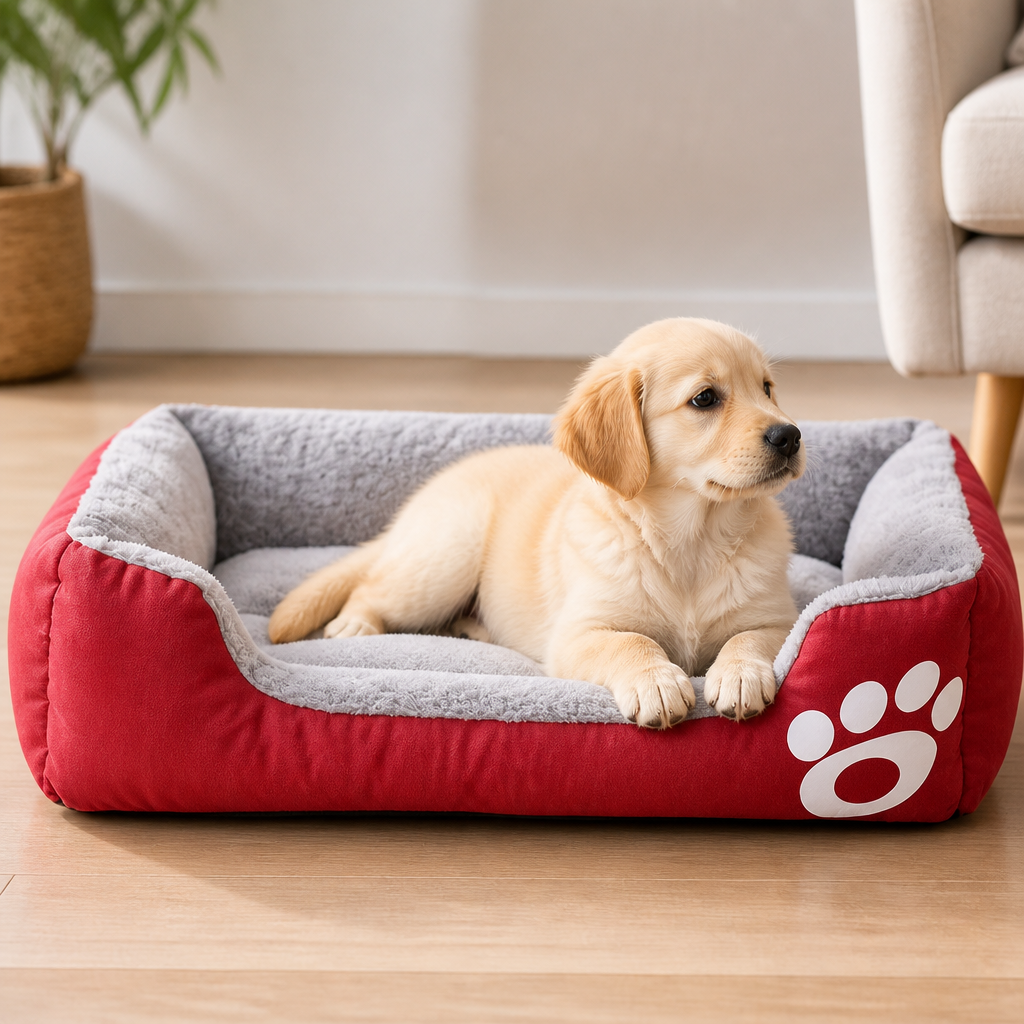 DogBedHouse Paw-Print Plush Washable Pet Bed (Removable Cover)