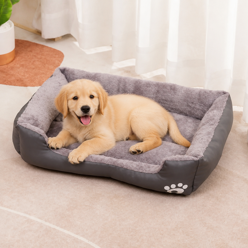 DogBedHouse Paw-Print Plush Washable Pet Bed (Removable Cover)