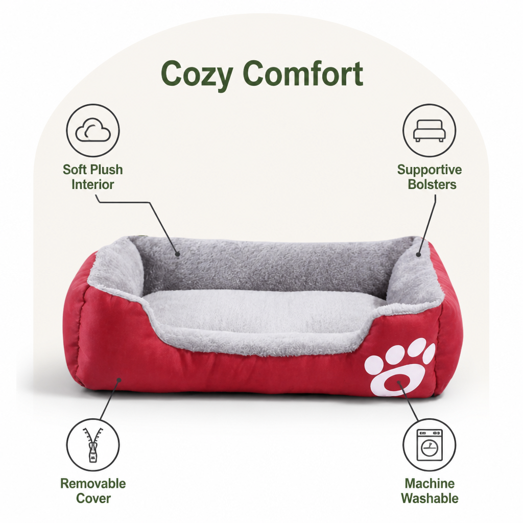 DogBedHouse Paw-Print Plush Washable Pet Bed (Removable Cover)