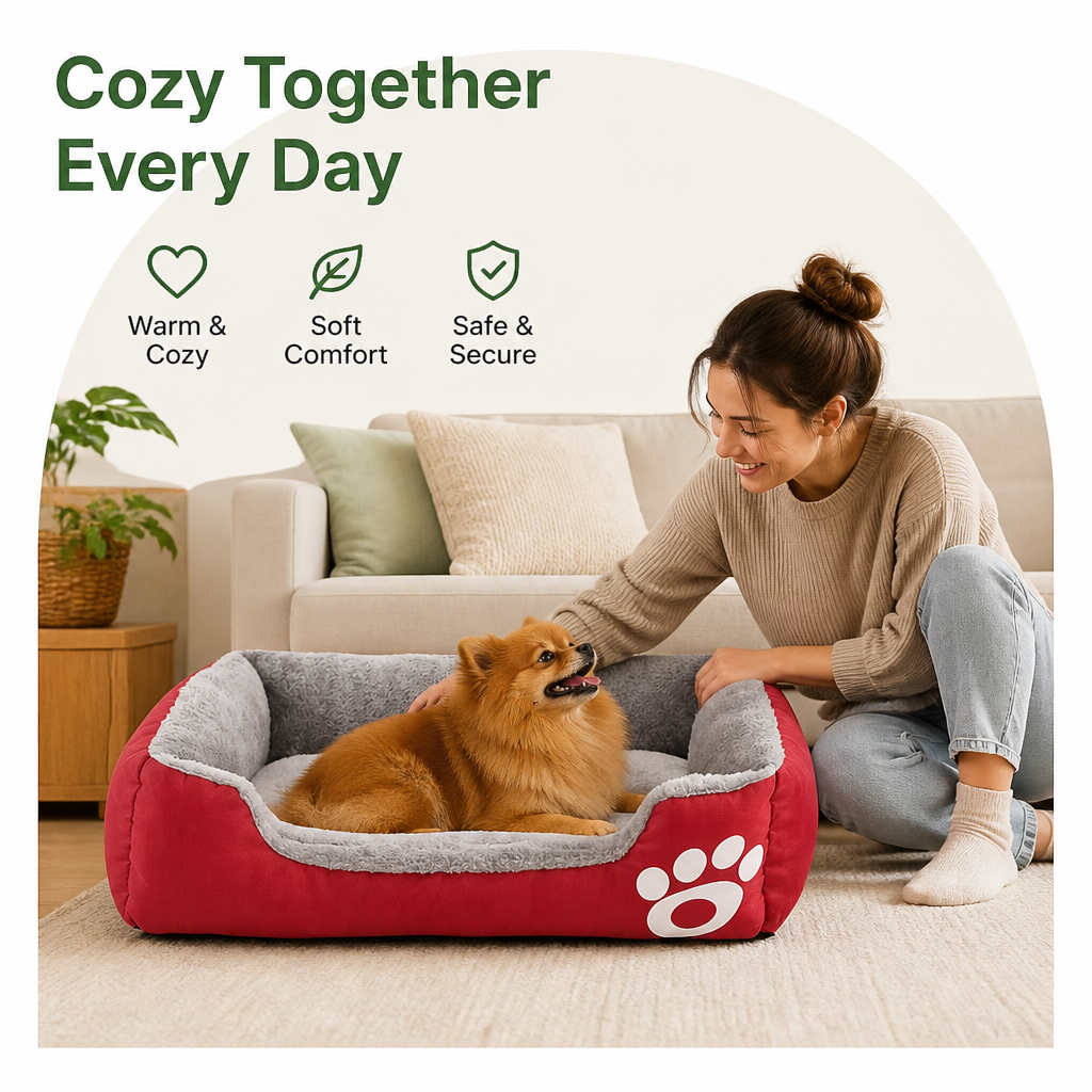DogBedHouse Paw-Print Plush Washable Pet Bed (Removable Cover)