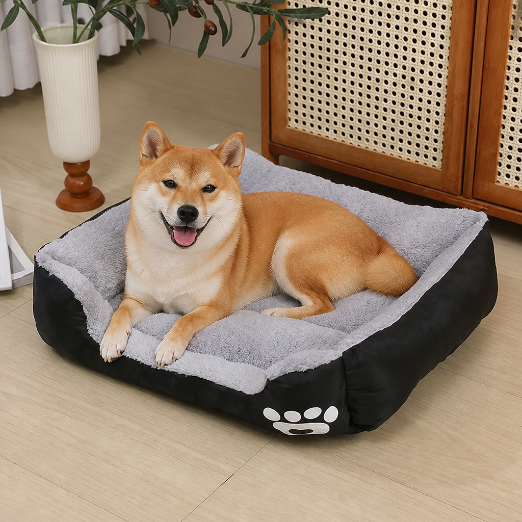DogBedHouse Paw-Print Plush Washable Pet Bed (Removable Cover)
