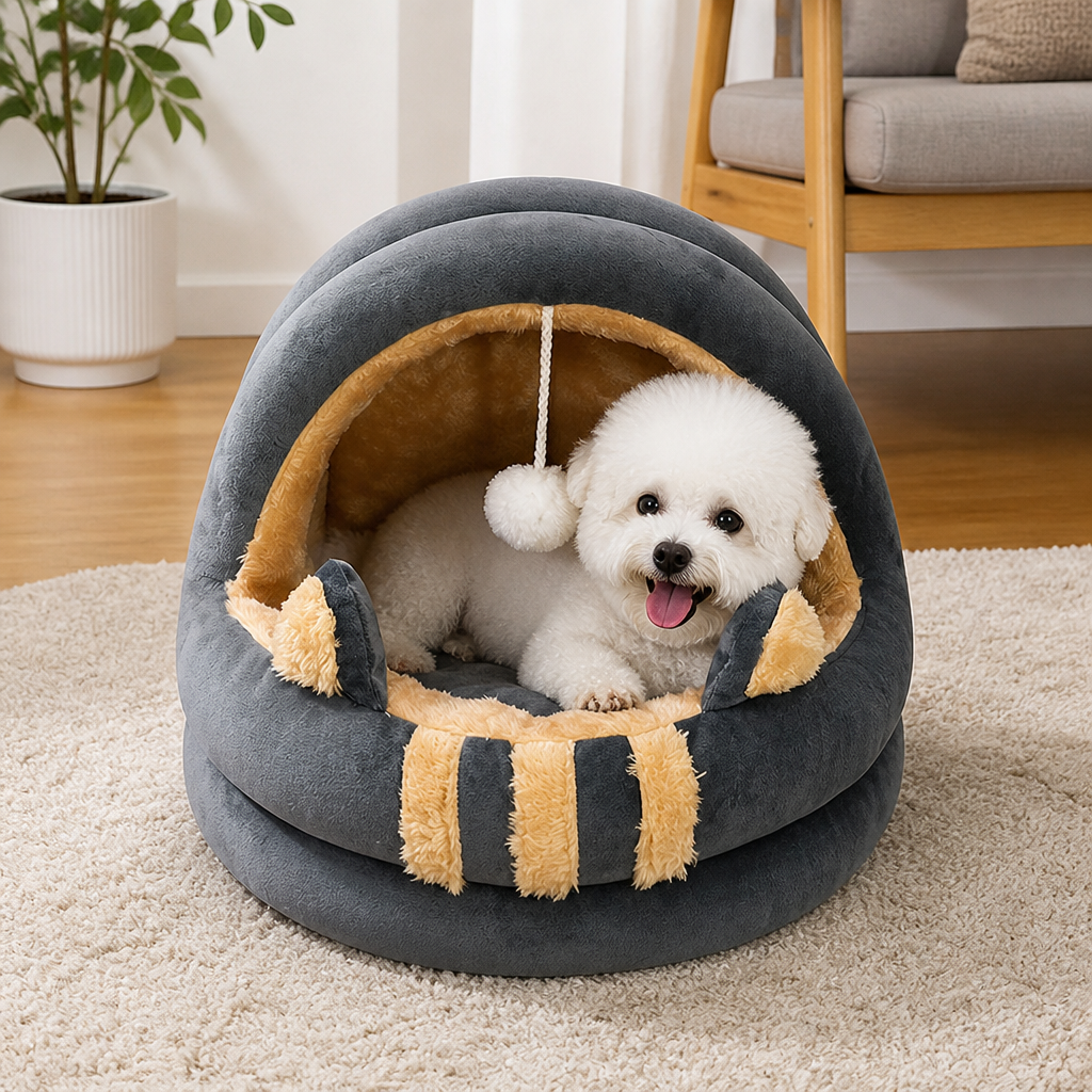 DogBedHouse Plush Arctic Velvet & Insulated Cat Cave Bed