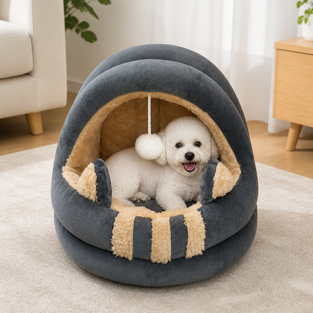 DogBedHouse Plush Arctic Velvet & Insulated Cat Cave Bed