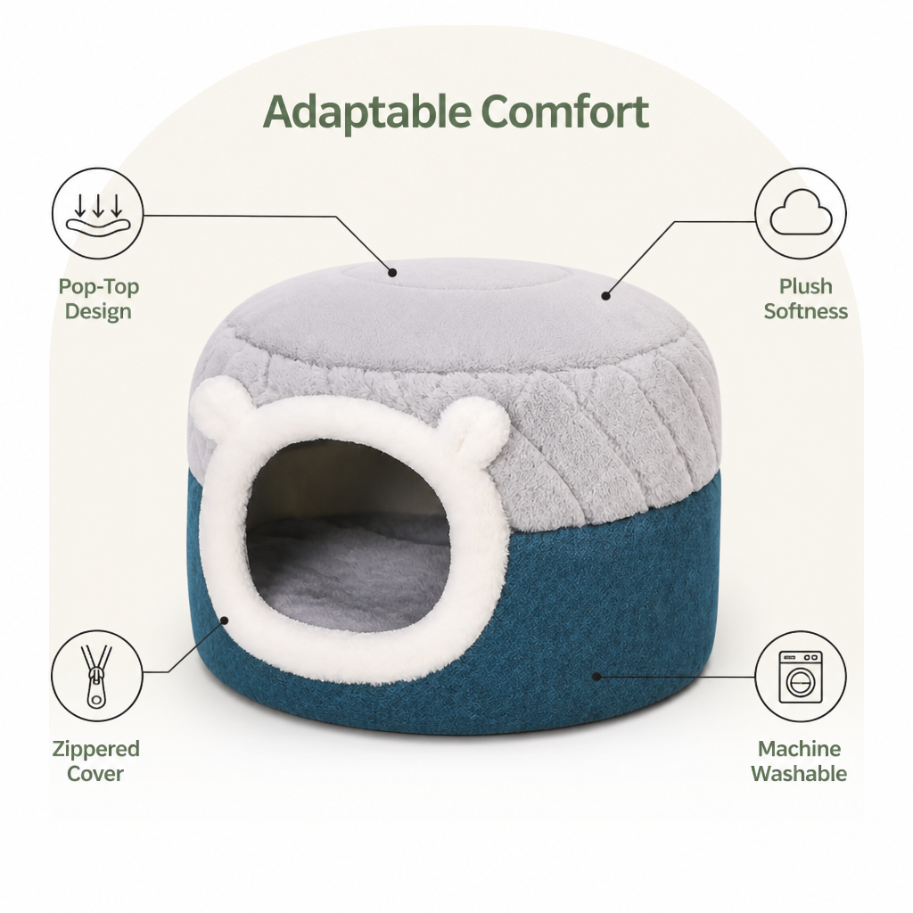 DogBedHouse Plush Convertible Pop-Top Pet Bed (Removable Cushion)