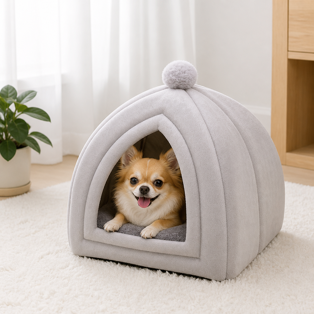 DogBedHouse Plush Coral Velvet Cat & Small Dog Cave Bed (Machine-Washable)