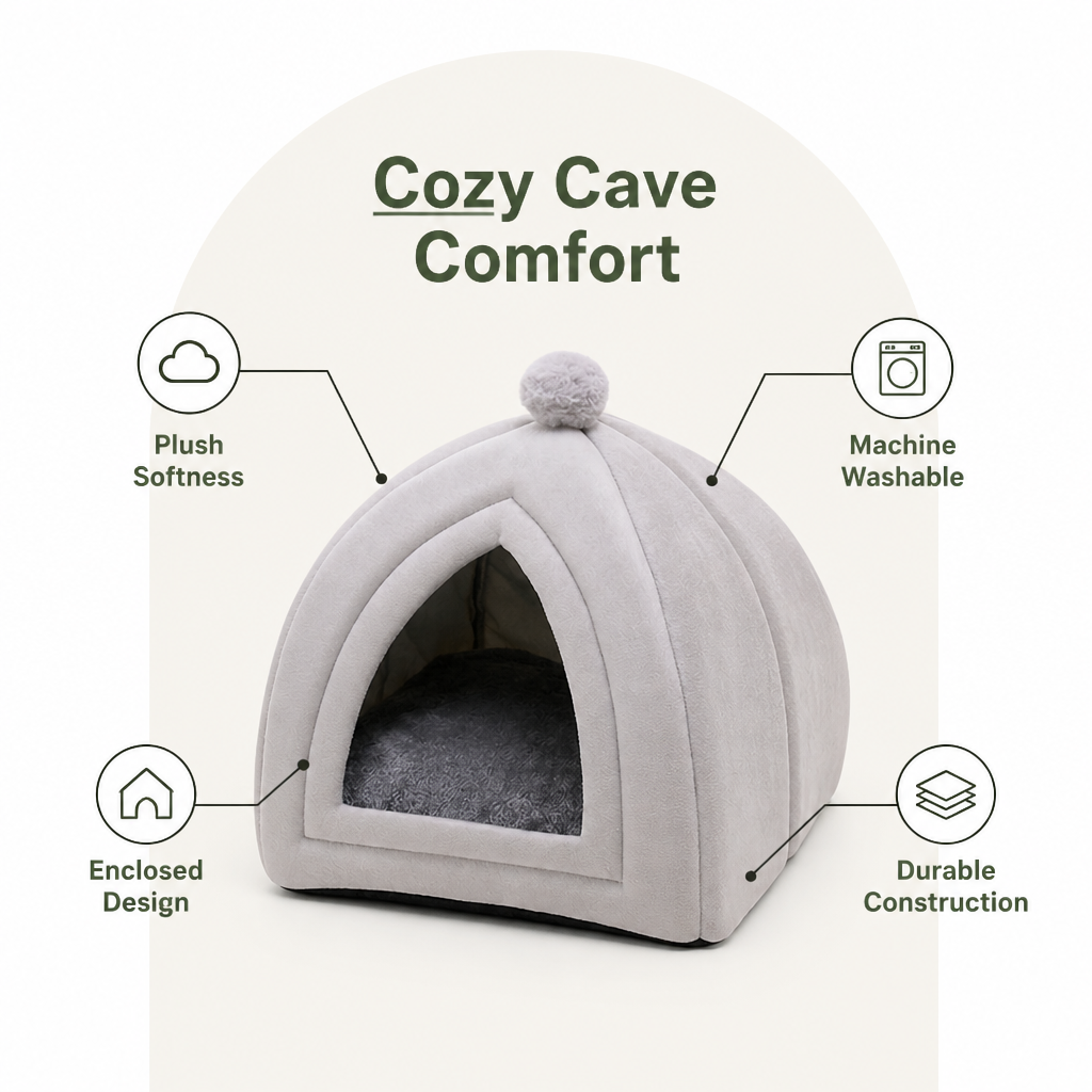 DogBedHouse Plush Coral Velvet Cat & Small Dog Cave Bed (Machine-Washable)