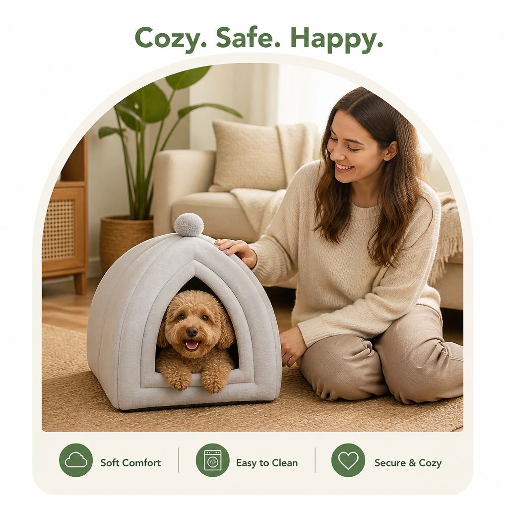 DogBedHouse Plush Coral Velvet Cat & Small Dog Cave Bed (Machine-Washable)