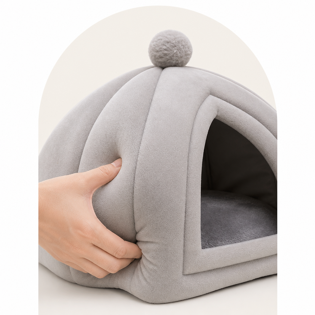 DogBedHouse Plush Coral Velvet Cat & Small Dog Cave Bed (Machine-Washable)