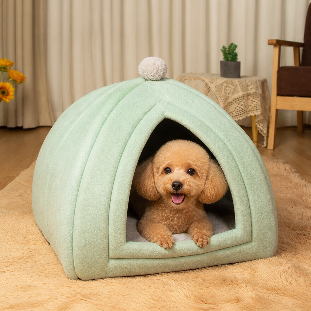 DogBedHouse Plush Coral Velvet Cat & Small Dog Cave Bed (Machine-Washable)