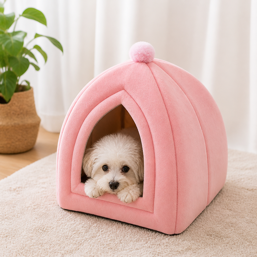 DogBedHouse Plush Coral Velvet Cat & Small Dog Cave Bed (Machine-Washable)