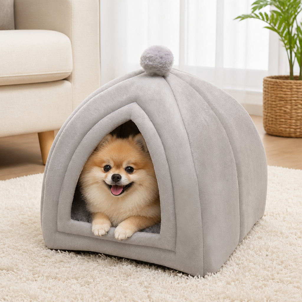 DogBedHouse Plush Coral Velvet Cat & Small Dog Cave Bed (Machine-Washable)