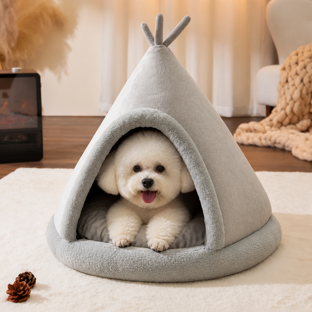 DogBedHouse Plush Coral Velvet & Cotton-Filled Pet Teepee