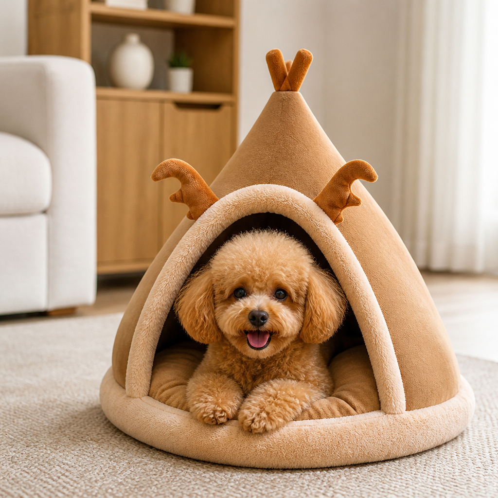 DogBedHouse Plush Coral Velvet & Cotton-Filled Pet Teepee