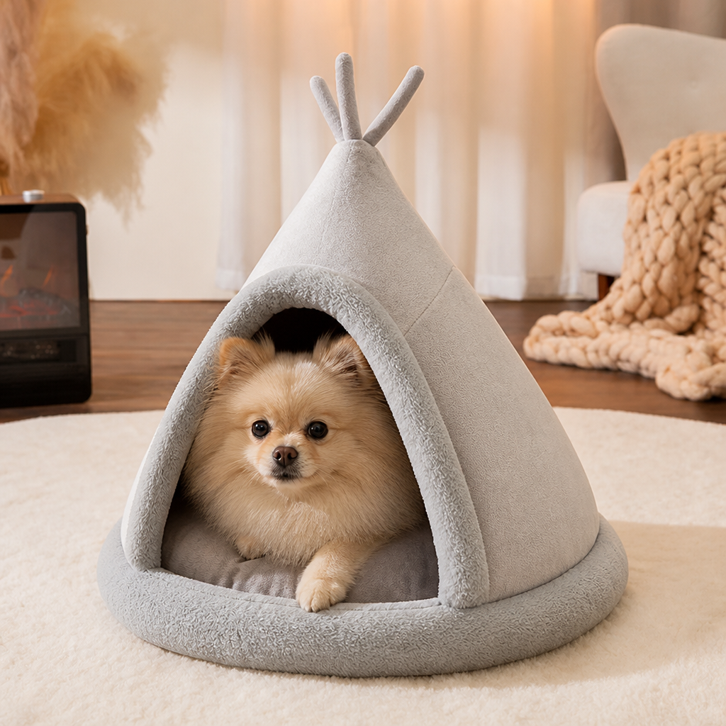 DogBedHouse Plush Coral Velvet & PP Cotton Pet Teepee