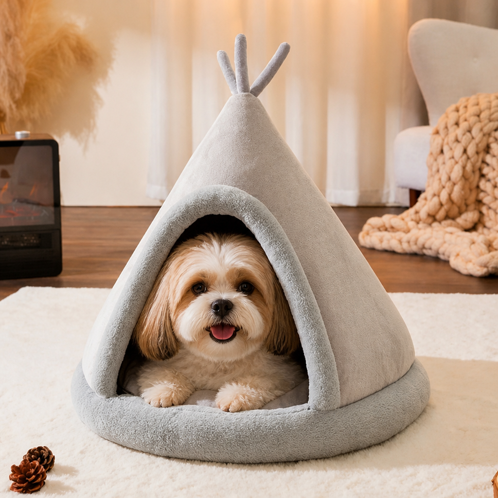 DogBedHouse Plush Coral Velvet & PP Cotton Pet Teepee
