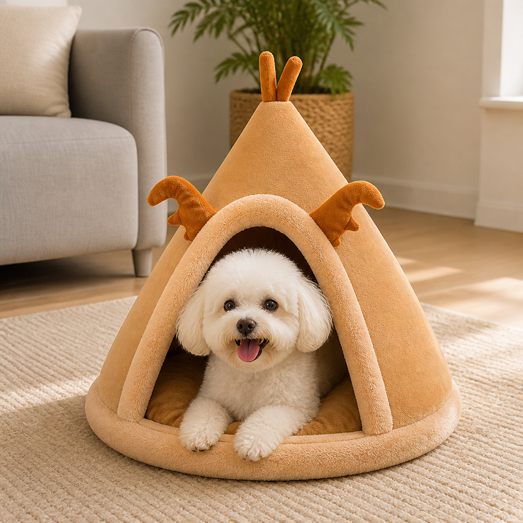 DogBedHouse Plush Coral Velvet & PP Cotton Pet Teepee