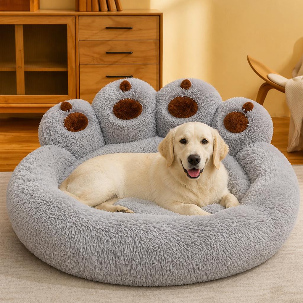 DogBedHouse Plush Faux Fur & Non-Slip Bear-Paw Dog Bed