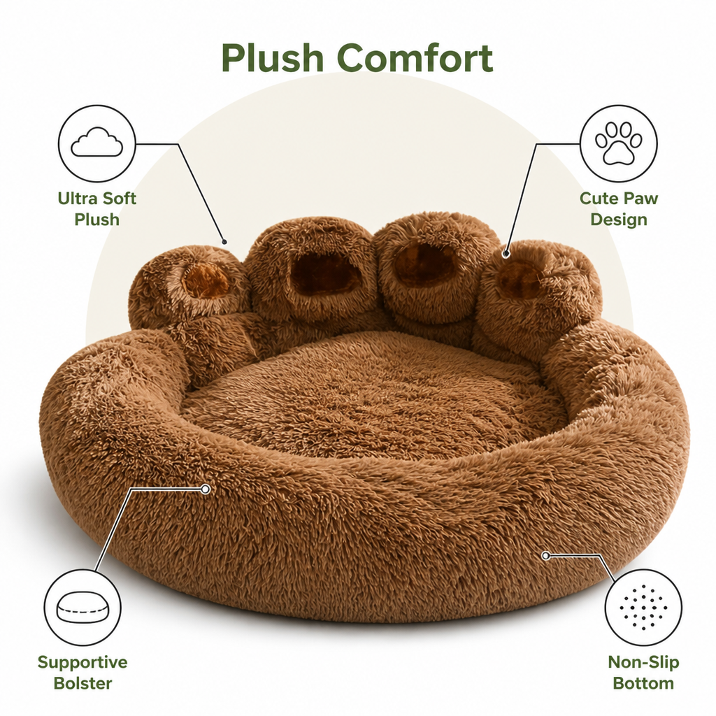 DogBedHouse Plush Faux Fur & Non-Slip Bear-Paw Dog Bed