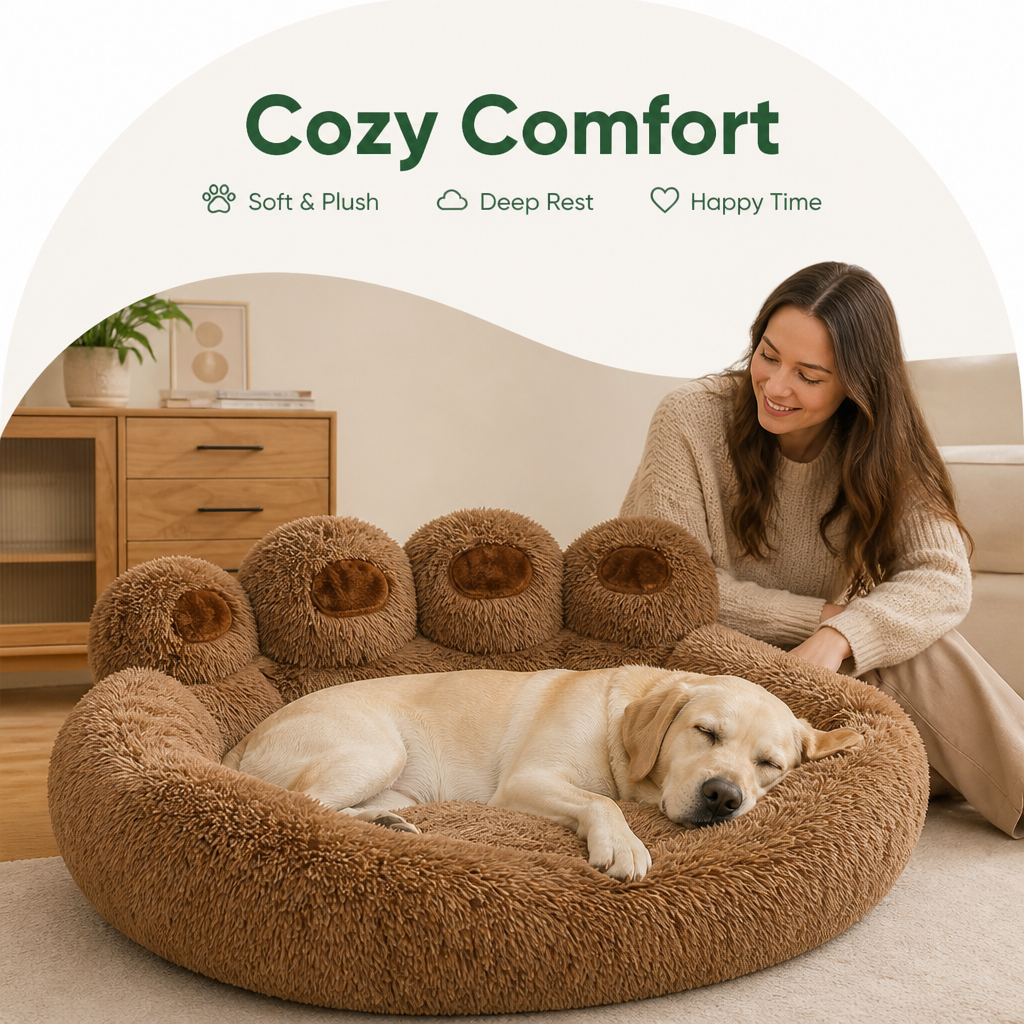 DogBedHouse Plush Faux Fur & Non-Slip Bear-Paw Dog Bed
