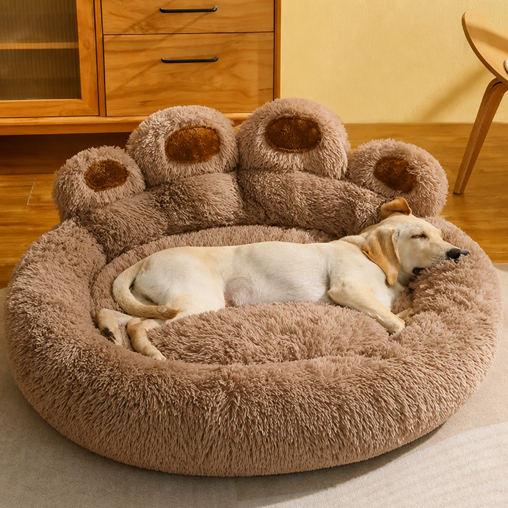 DogBedHouse Plush Faux Fur & Non-Slip Bear-Paw Dog Bed