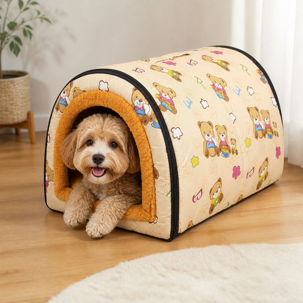 DogBedHouse Plush Insulated Half-Closed Dog Bed (Machine Washable Cover)