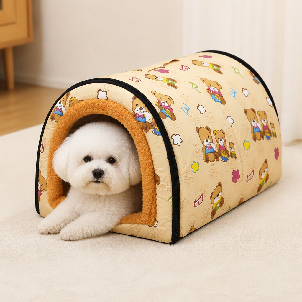 DogBedHouse Plush Insulated Half-Closed Dog Bed (Machine Washable Cover)