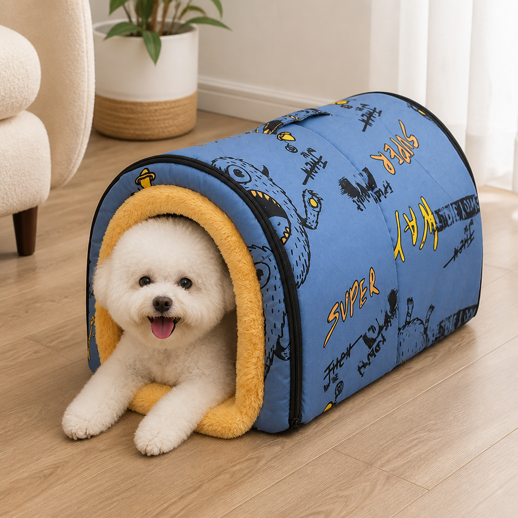 DogBedHouse Plush Insulated Half-Closed Dog Bed (Machine Washable Cover)