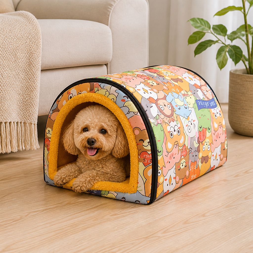 DogBedHouse Plush Insulated Half-Closed Dog Bed (Machine Washable Cover)