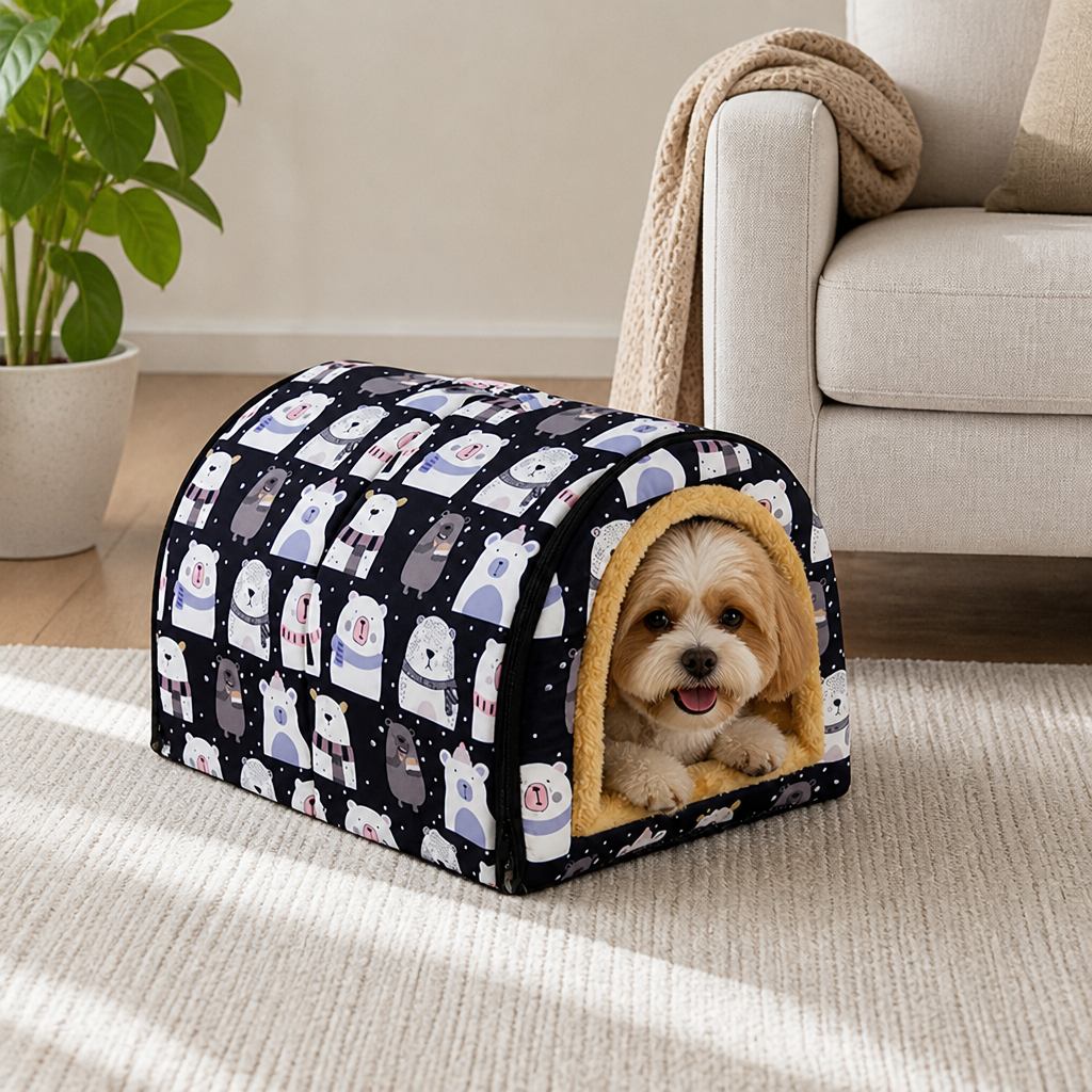 DogBedHouse Plush Insulated Half-Closed Dog Bed (Machine Washable Cover)