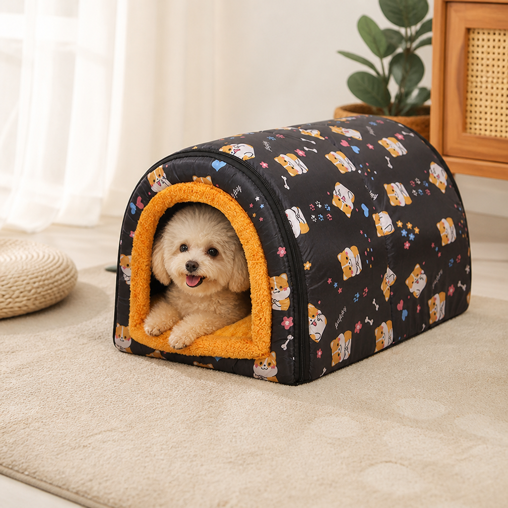 DogBedHouse Plush Insulated Half-Closed Dog Bed (Machine Washable Cover)