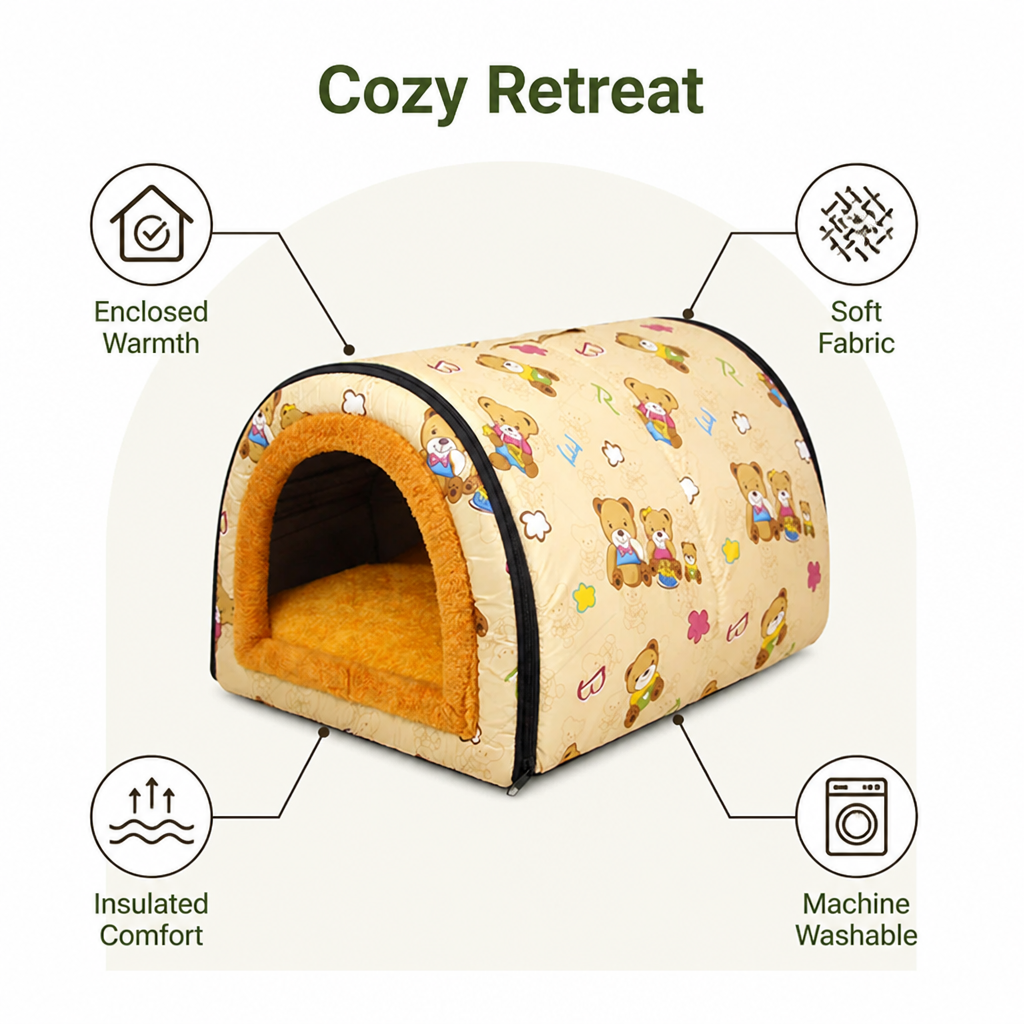 DogBedHouse Plush Insulated Half-Closed Dog Bed (Machine Washable Cover)