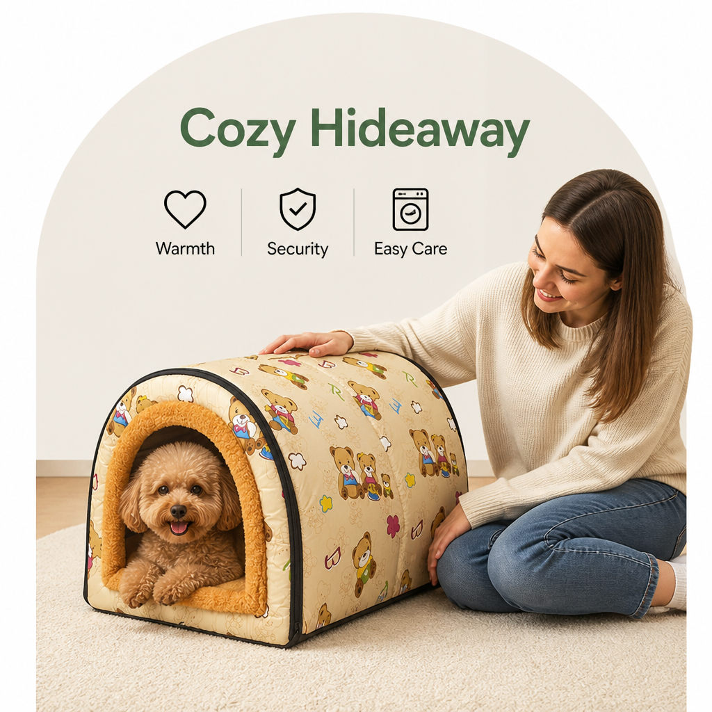 DogBedHouse Plush Insulated Half-Closed Dog Bed (Machine Washable Cover)