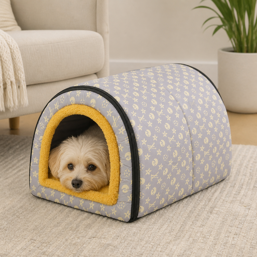 DogBedHouse Plush Insulated Half-Closed Dog Bed (Machine Washable Cover)