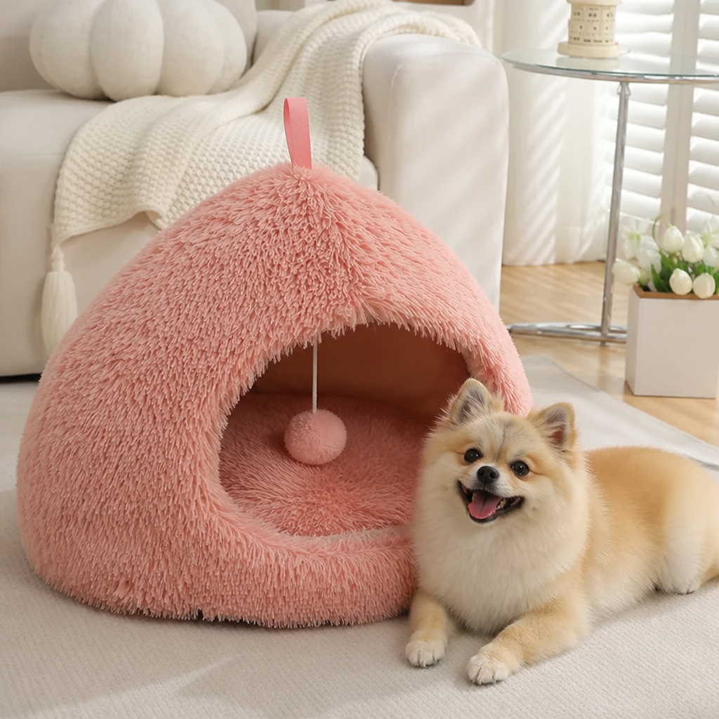 DogBedHouse Plush Velvet & Non-Slip Pet Bed (Includes Hanging Balls)