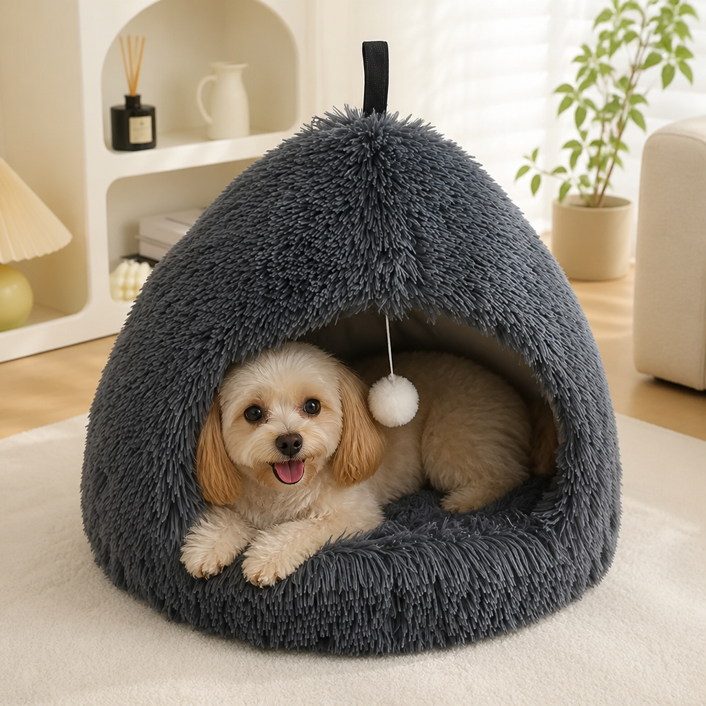 DogBedHouse Plush Velvet & Non-Slip Pet Bed (Includes Hanging Balls)