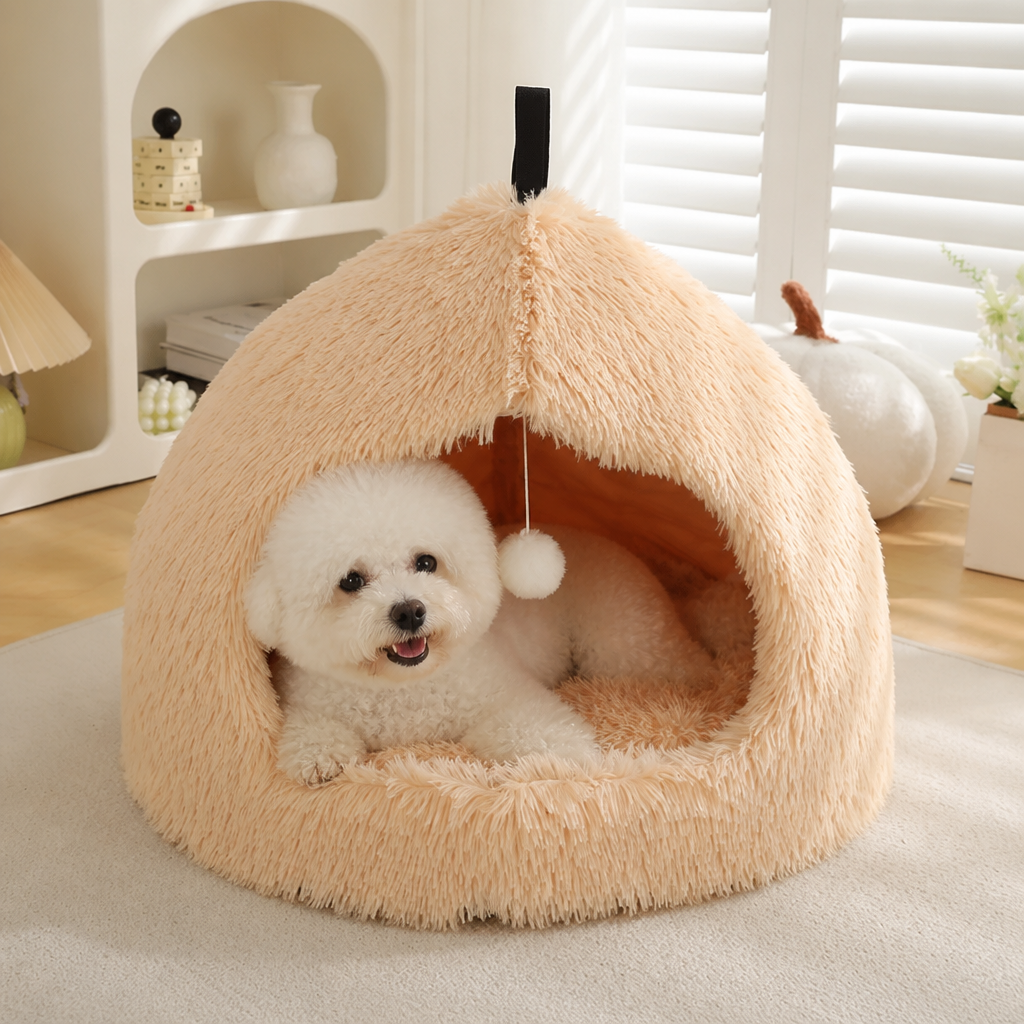 DogBedHouse Plush Velvet & Non-Slip Pet Bed (Includes Hanging Balls)