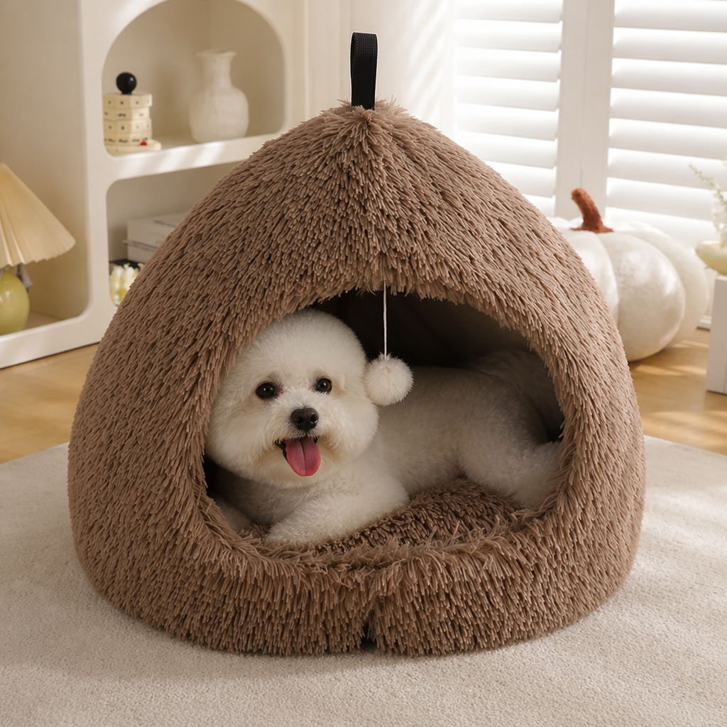 DogBedHouse Plush Velvet & Non-Slip Pet Bed (Includes Hanging Balls)
