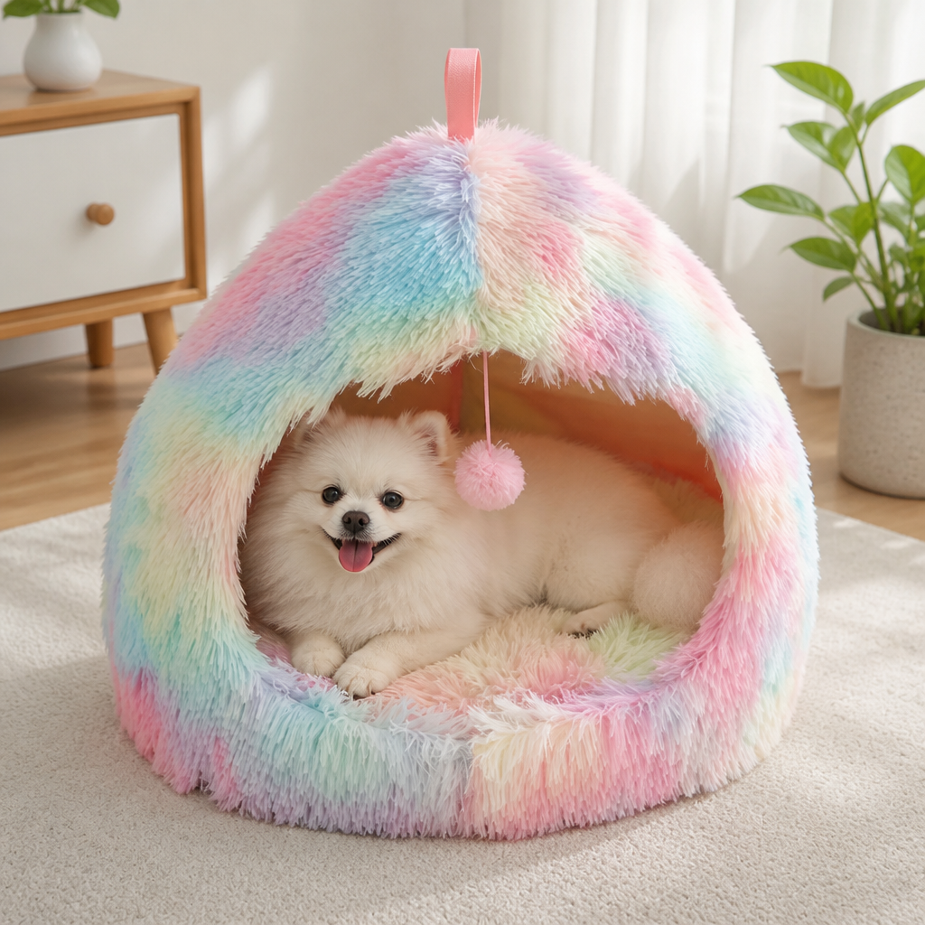 DogBedHouse Plush Velvet & Non-Slip Pet Bed (Includes Hanging Balls)