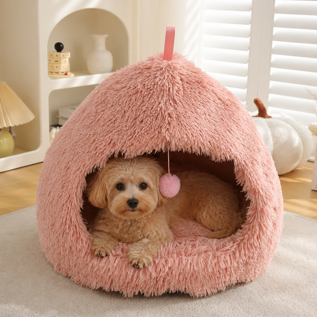 DogBedHouse Plush Velvet & Non-Slip Pet Bed (Includes Hanging Balls)