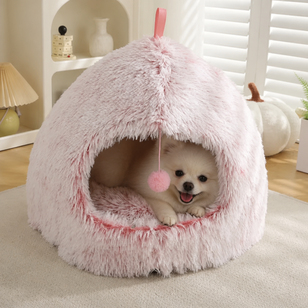 DogBedHouse Plush Velvet & Non-Slip Pet Bed (Includes Hanging Balls)