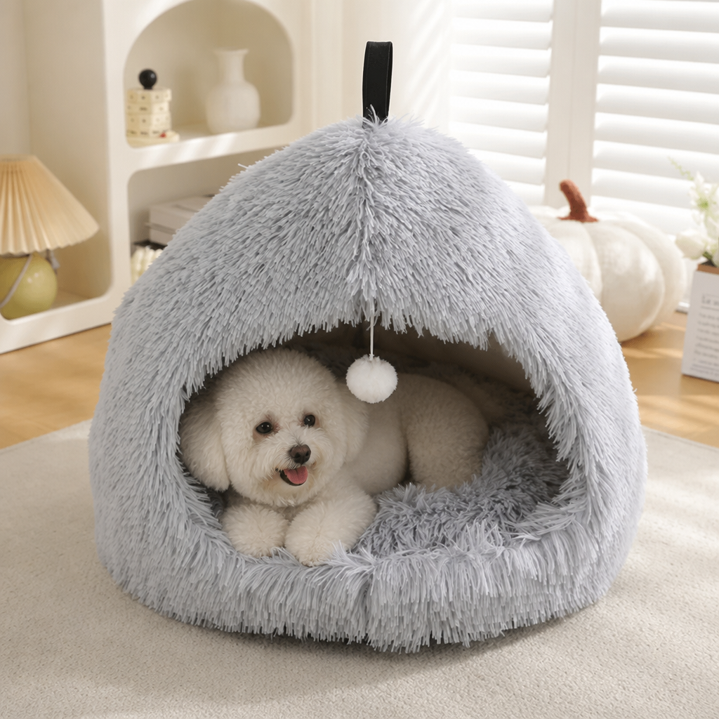 DogBedHouse Plush Velvet & Non-Slip Pet Bed (Includes Hanging Balls)