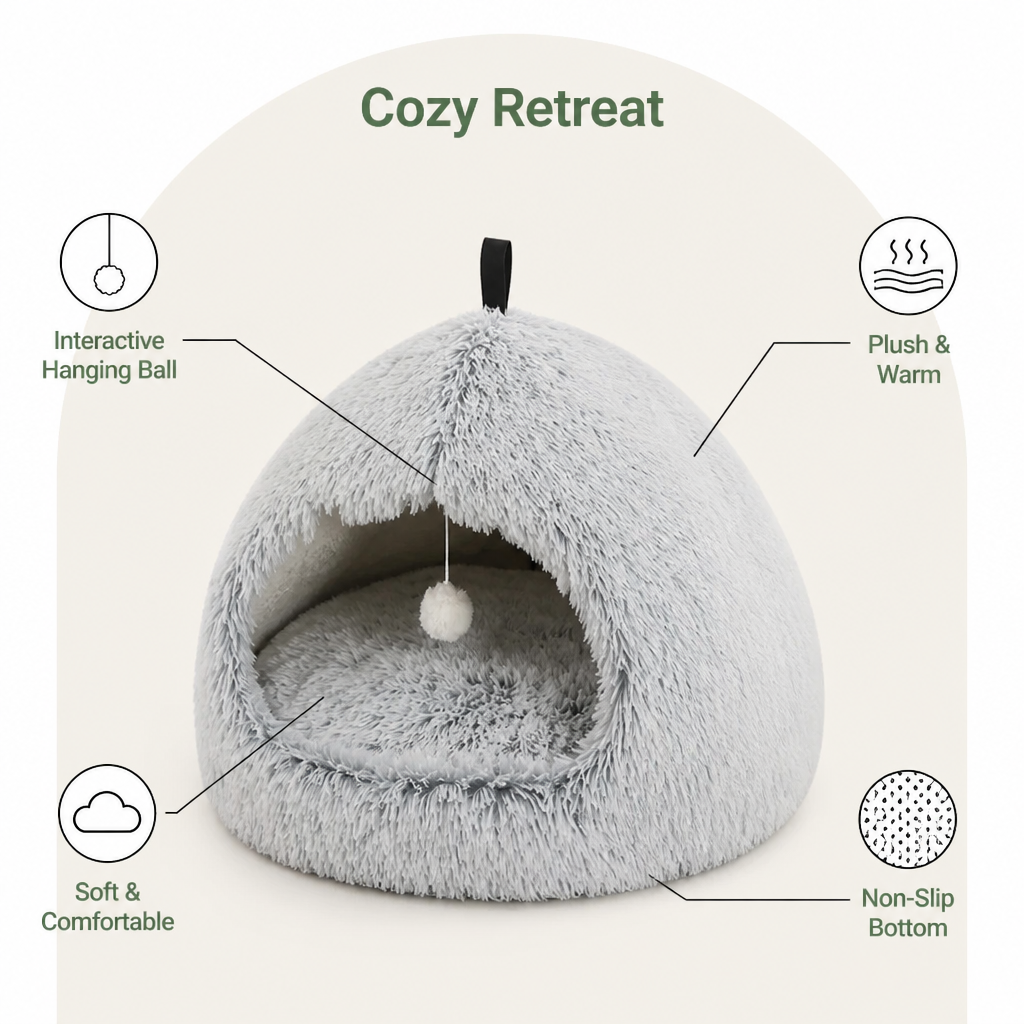 DogBedHouse Plush Velvet & Non-Slip Pet Bed (Includes Hanging Balls)