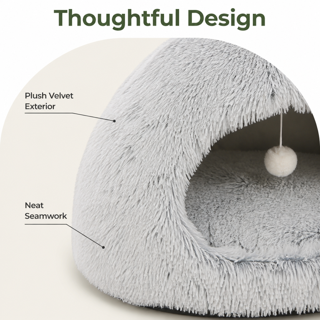 DogBedHouse Plush Velvet & Non-Slip Pet Bed (Includes Hanging Balls)
