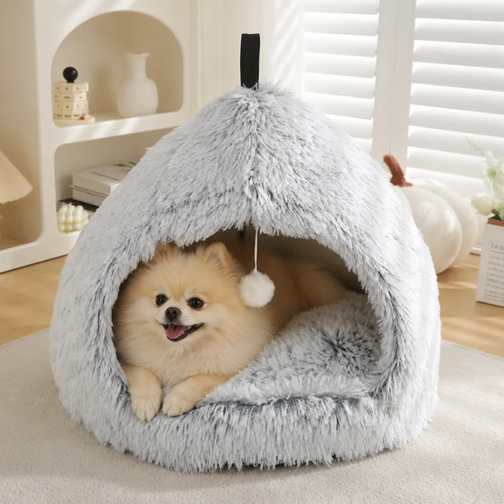 DogBedHouse Plush Velvet & Non-Slip Pet Bed (Includes Hanging Balls)
