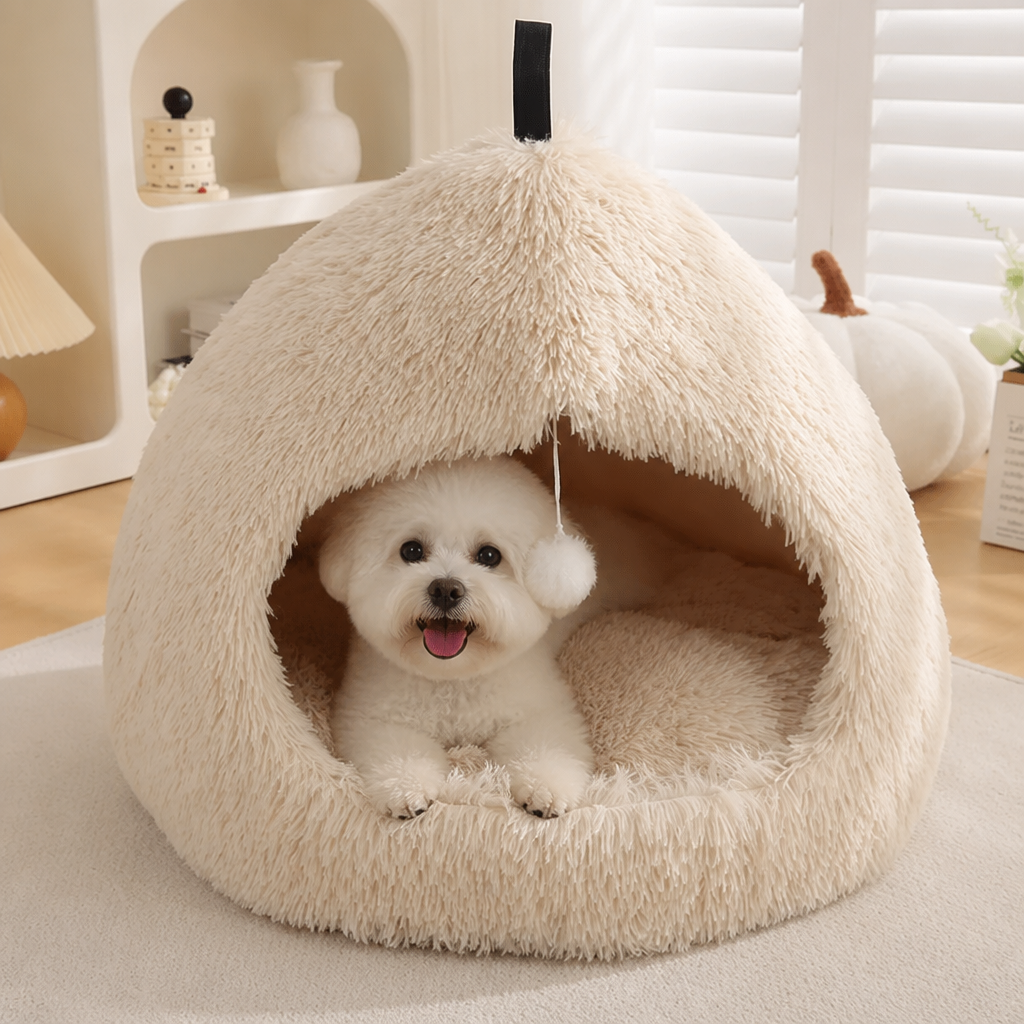 DogBedHouse Plush Velvet & Non-Slip Pet Bed (Includes Hanging Balls)