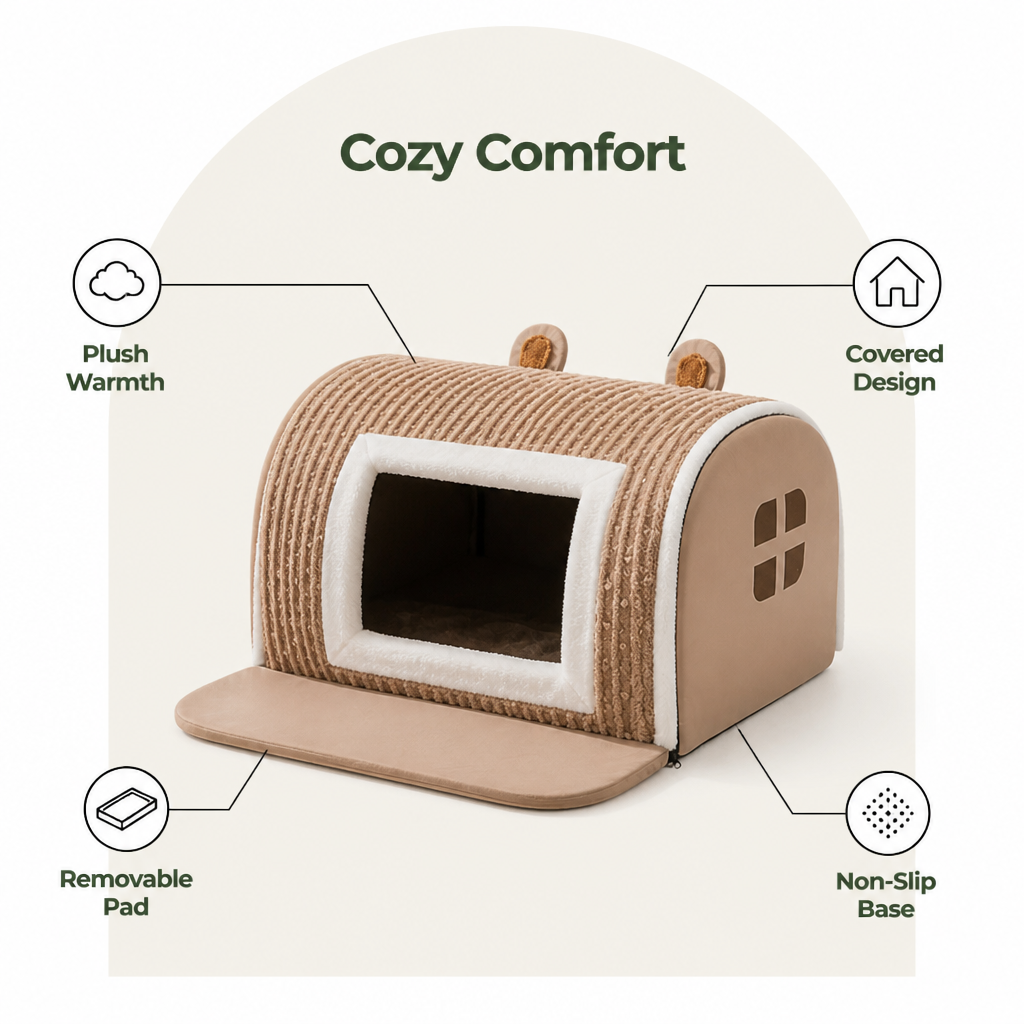 DogBedHouse Plush Warm Cave Dog Bed (Removable Washable Pad)