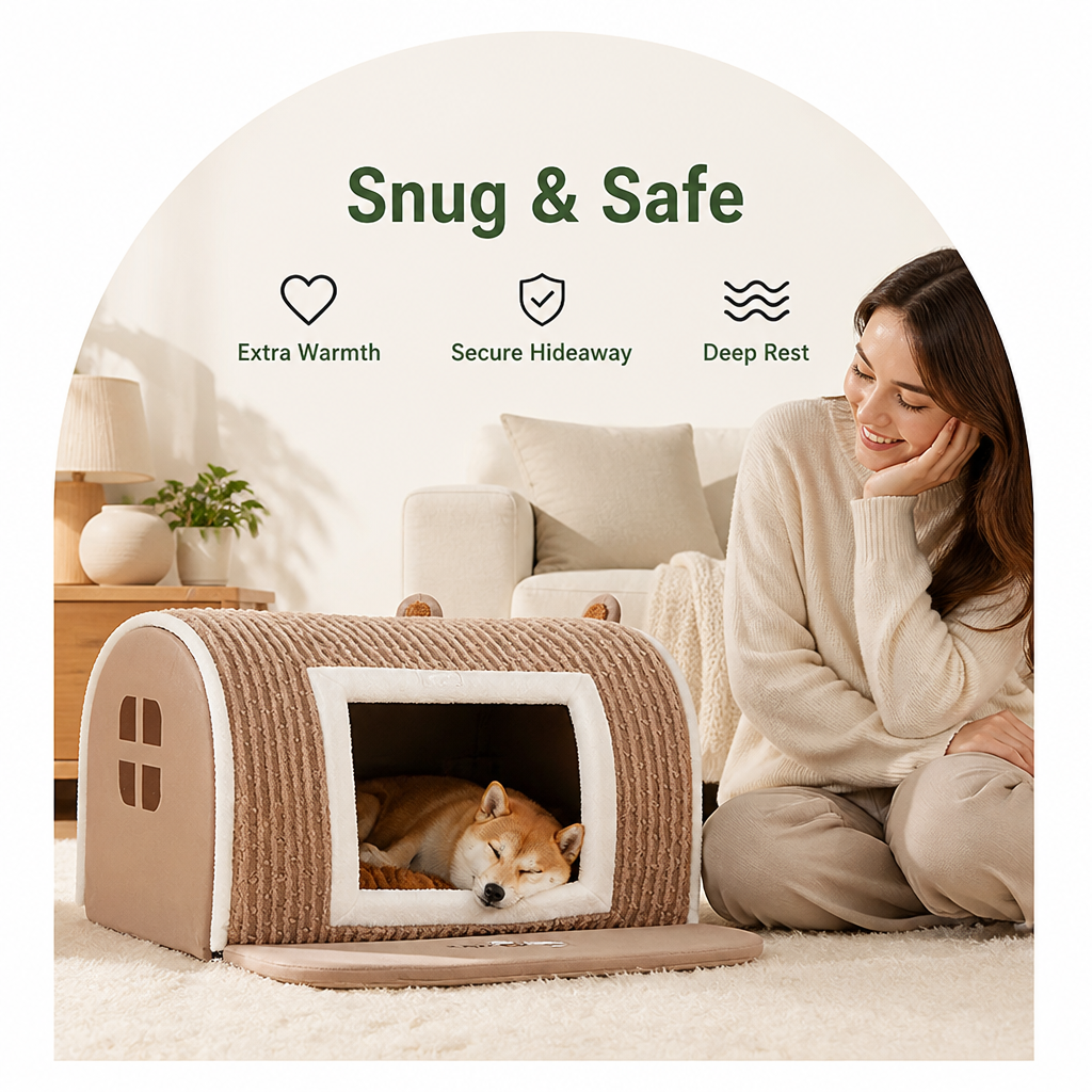 DogBedHouse Plush Warm Cave Dog Bed (Removable Washable Pad)