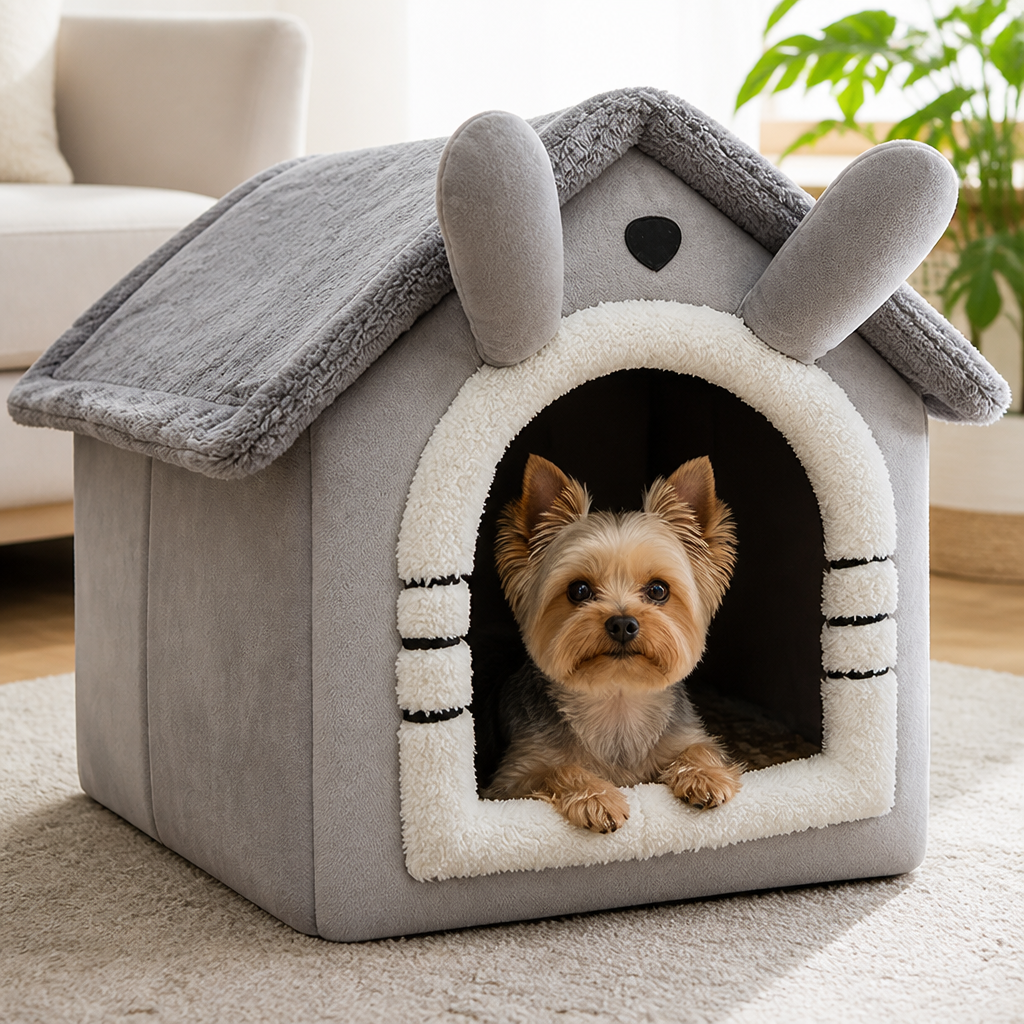 DogBedHouse Plush Warm House Dog Bed (Removable Cushion)