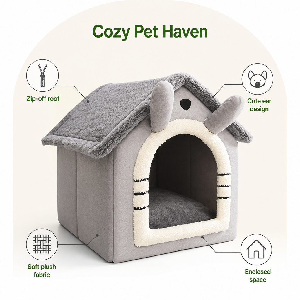 DogBedHouse Plush Warm House Dog Bed (Removable Cushion)
