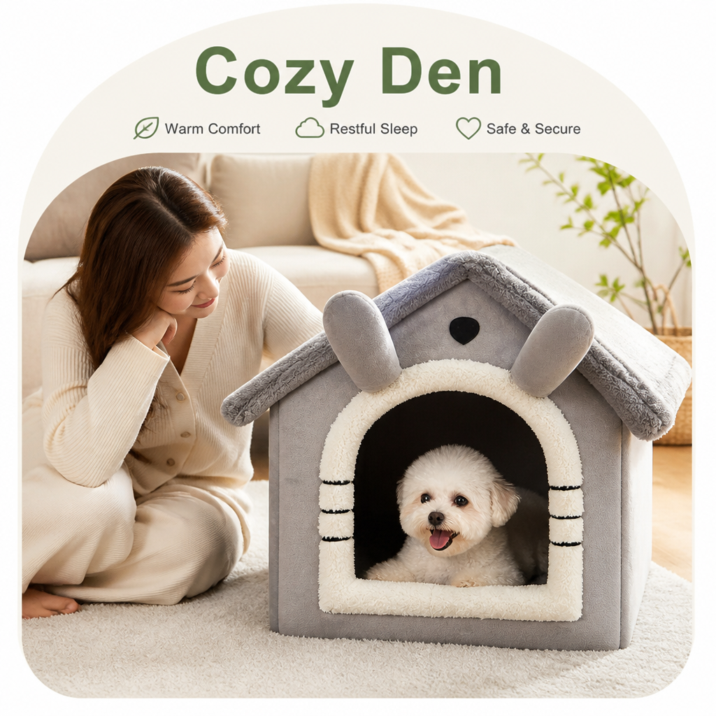 DogBedHouse Plush Warm House Dog Bed (Removable Cushion)